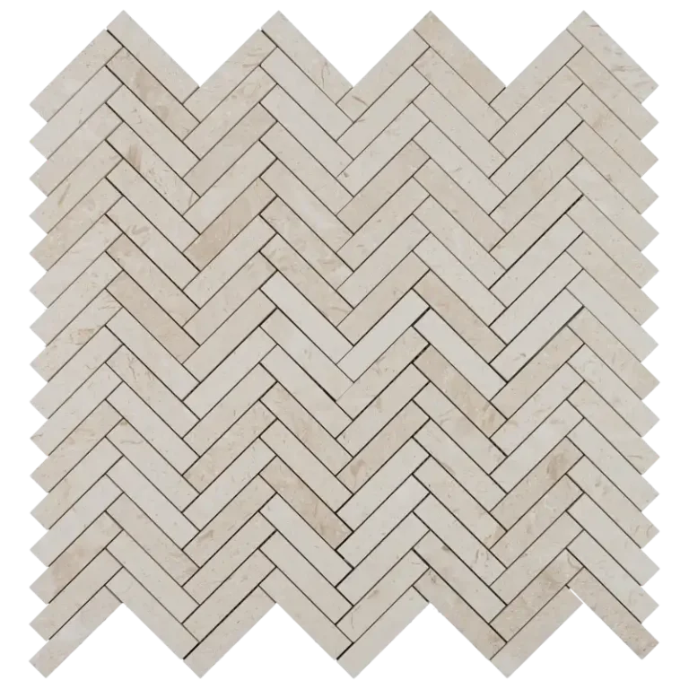 Myra Beige herringbone 1x4 honed limestone mosaic tile sheet – top view