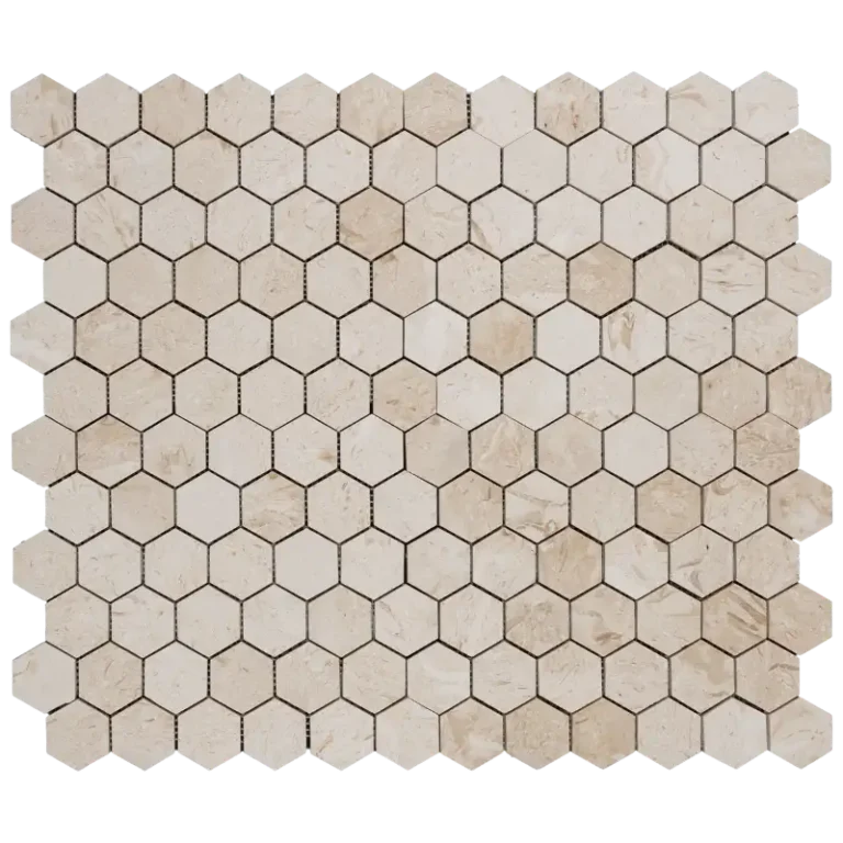 Myra Beige hexagon 2 inch honed limestone mosaic tile sheet – top view