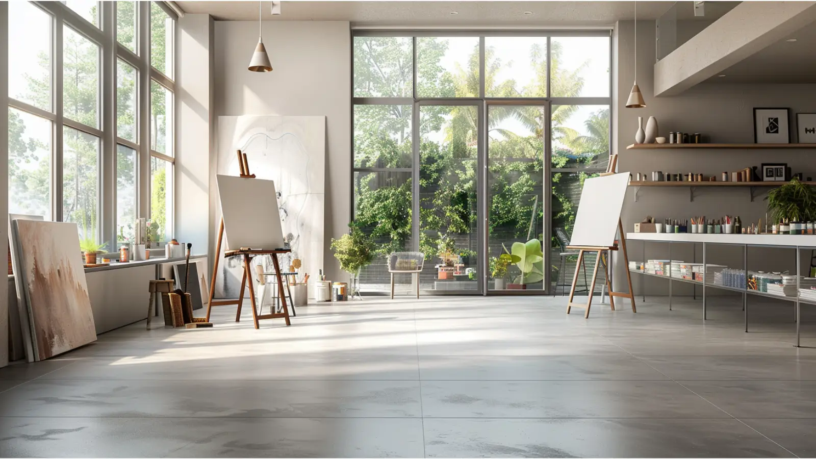 Modern art studio with durable tile flooring and natural daylight