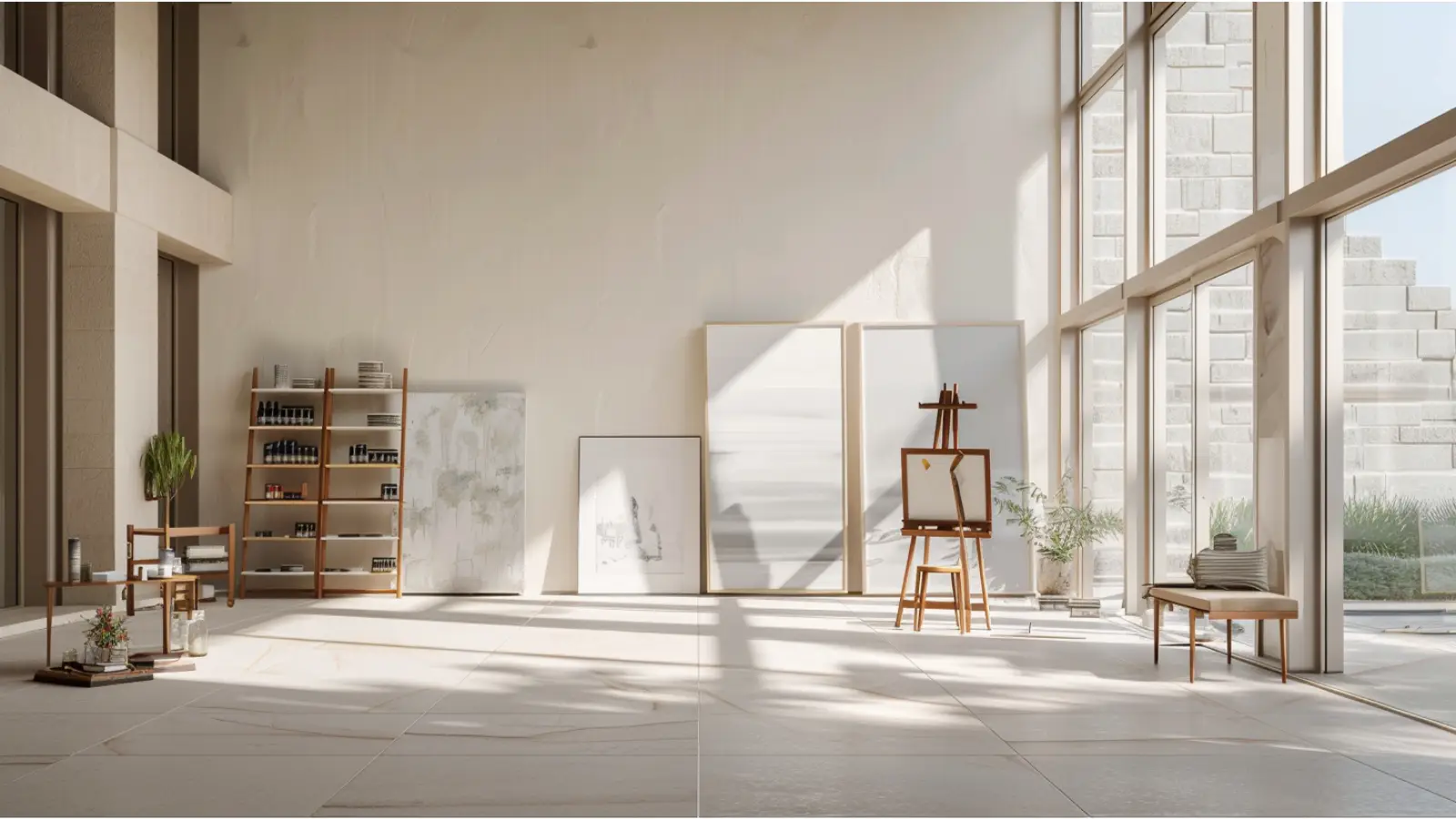 Modern art studio layout with organized work zones and easy-clean flooring