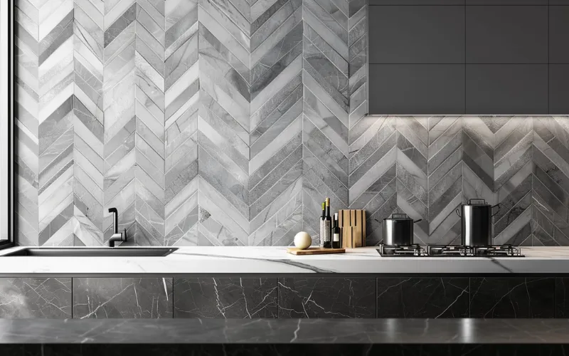 herringbone mosaic tile kitchen design gray tones