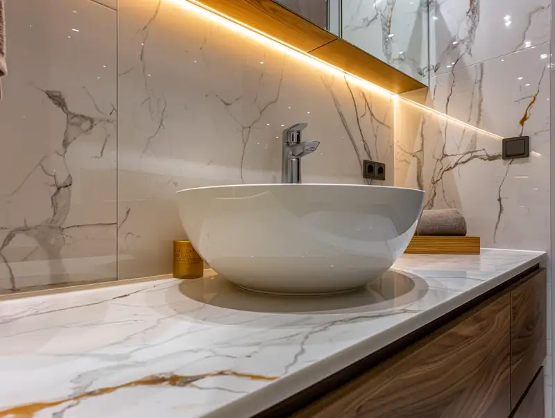 Luxury bathroom with polished marble wall tiles