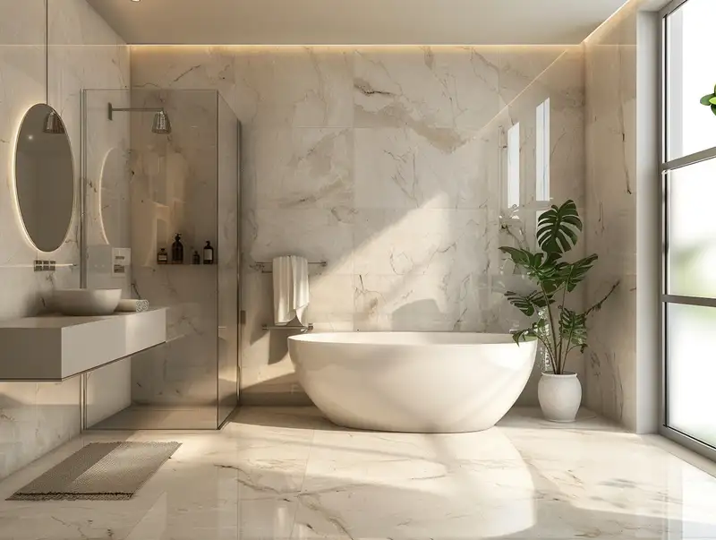 Modern bathroom with honed marble floor tiles