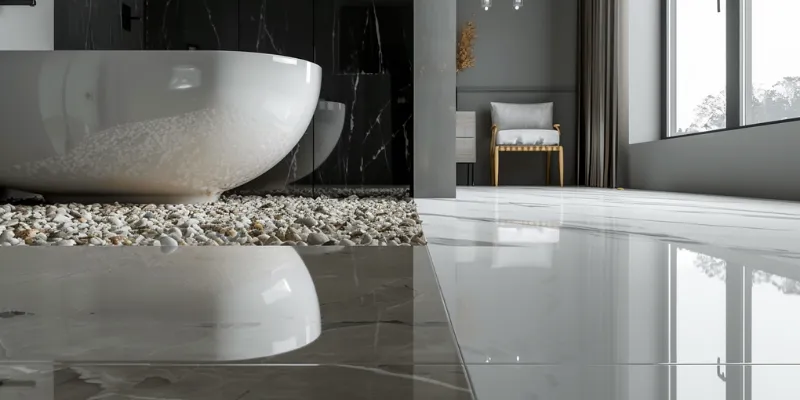 Polished marble bathroom floor creating slip risk in wet areas