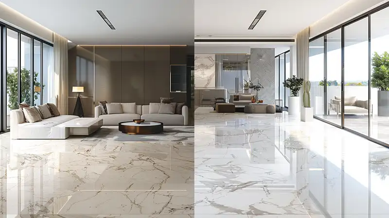 Honed marble vs polished marble finish comparison in a modern interior