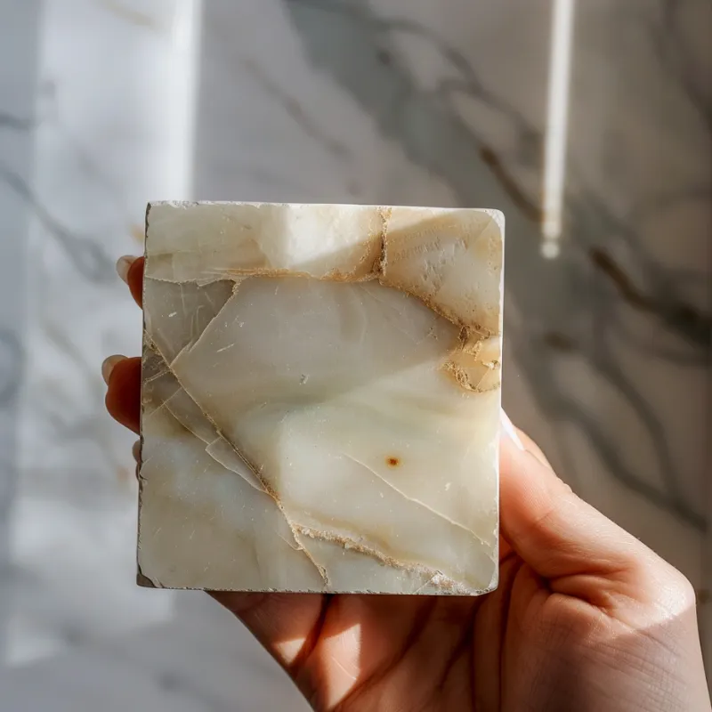 Natural stone tile sample showing detailed veining and surface finish compared against a stone background