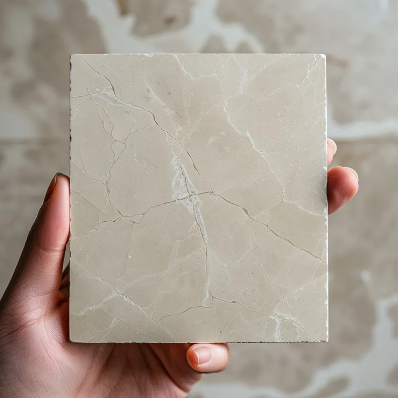 Hand holding beige natural stone tile sample under daylight to check true color and veining