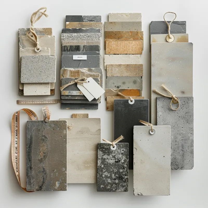 Natural stone tile sample boards used to compare color variation, texture, and finish