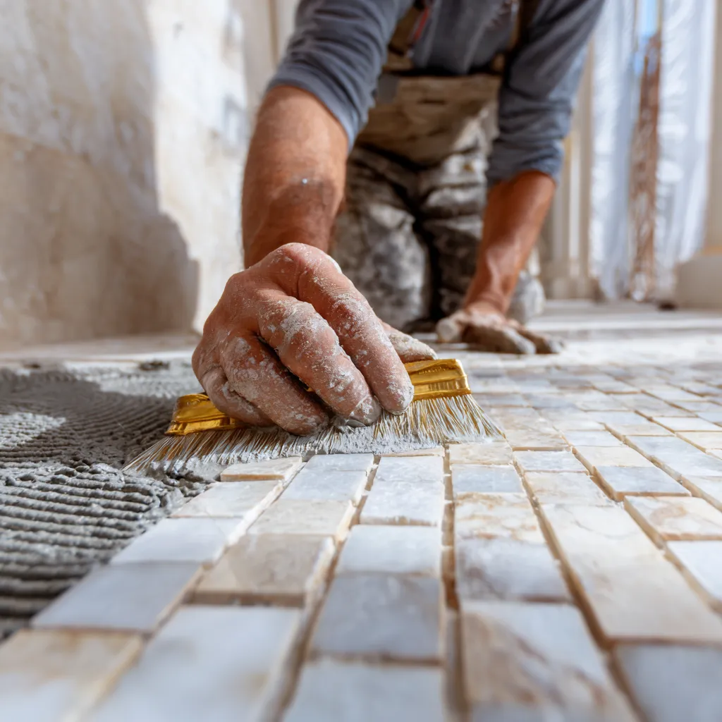 Applying stone sealer to natural marble mosaic shower floor
