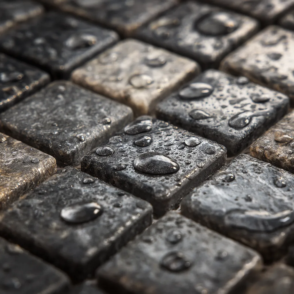 Close-up of wet shower mosaic tile floor with grout lines