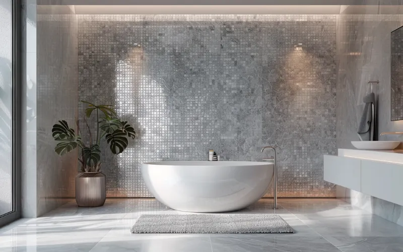 bathroom interior with marble mosaic tile shower wall
