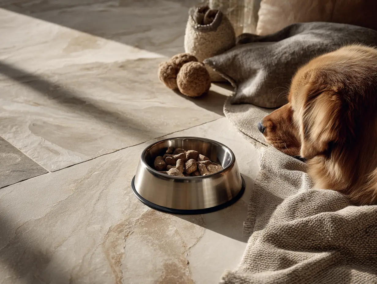 Family-friendly interior with natural stone tile, warm neutral tones, lived-in feel