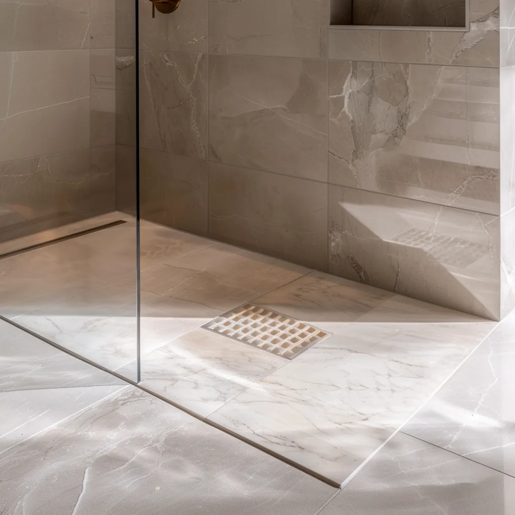 Honed marble shower floor with matte finish