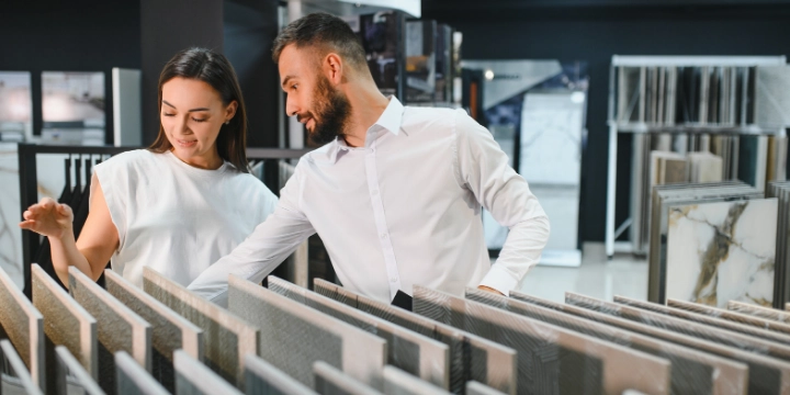 Customers selecting marble mosaic tiles from a Jacksonville mosaic tile supplier warehouse