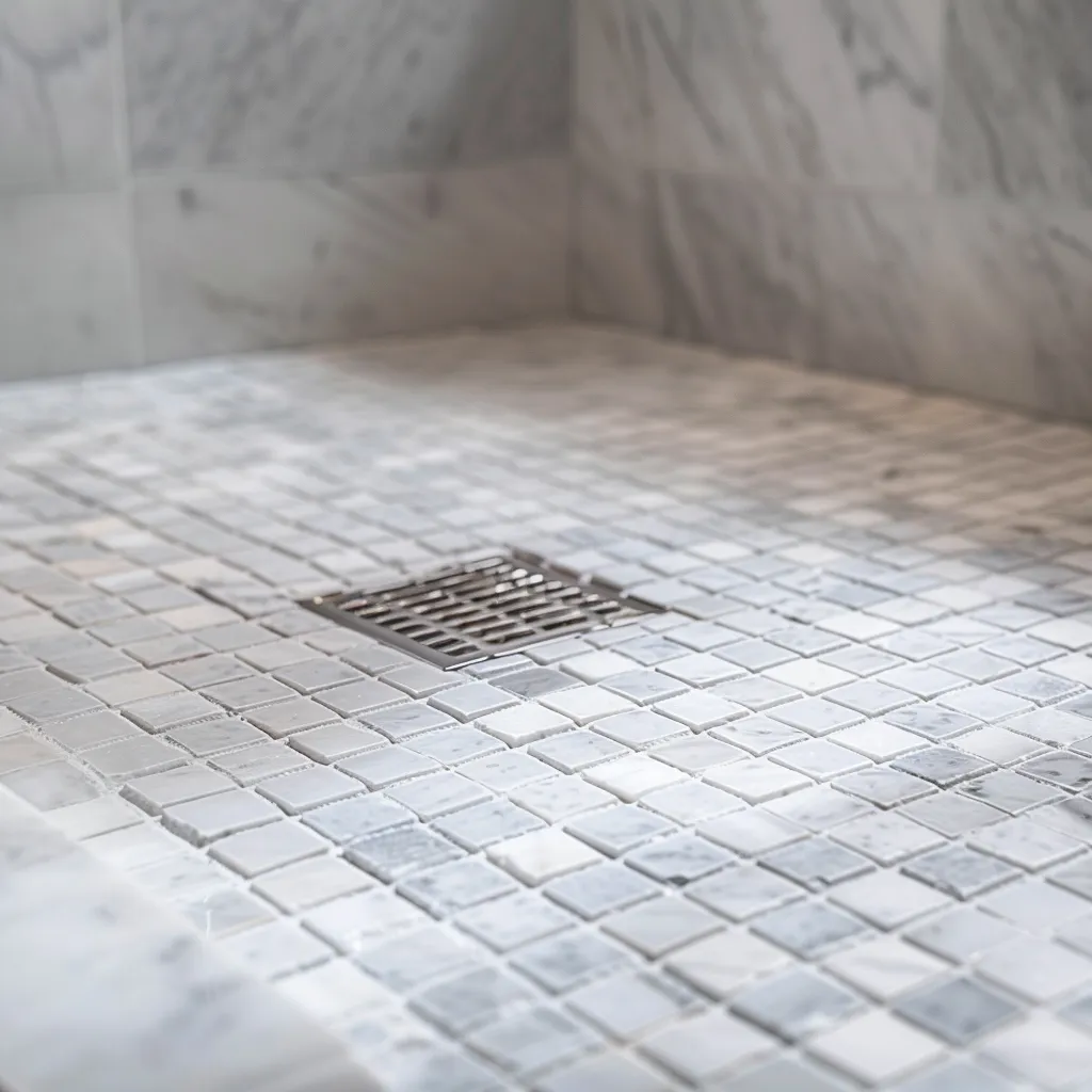 Luxury marble mosaic shower floor with natural grout lines