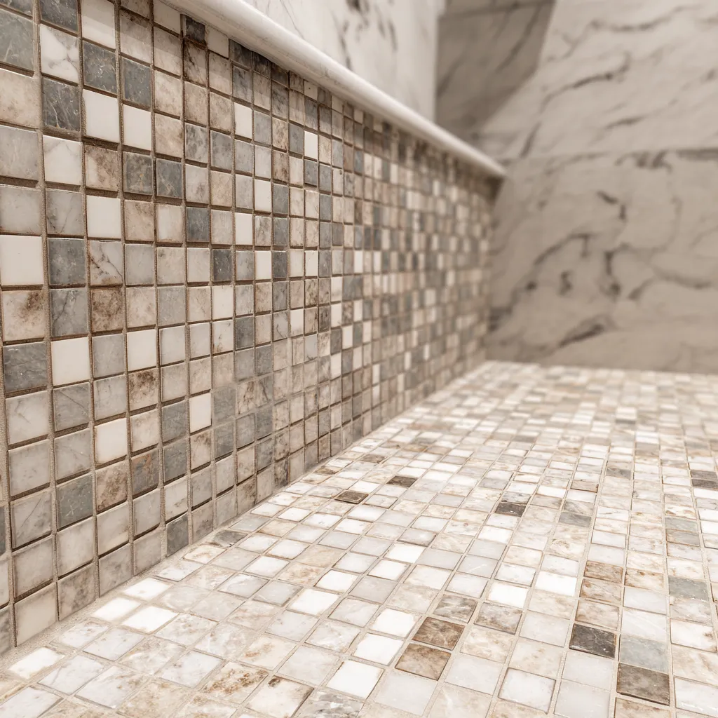 Luxury walk-in shower with mosaic tile shower floor