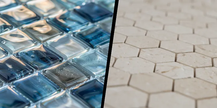marble mosaic vs glass mosaic tile comparison showing natural stone and glossy glass tile textures