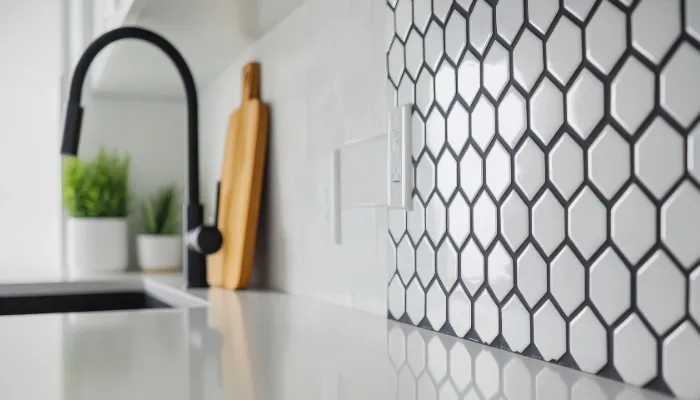 nterior flat lay of multiple natural stone mosaic tile sheets on a large architectural table, marble mosaic, hexagon mosaic,