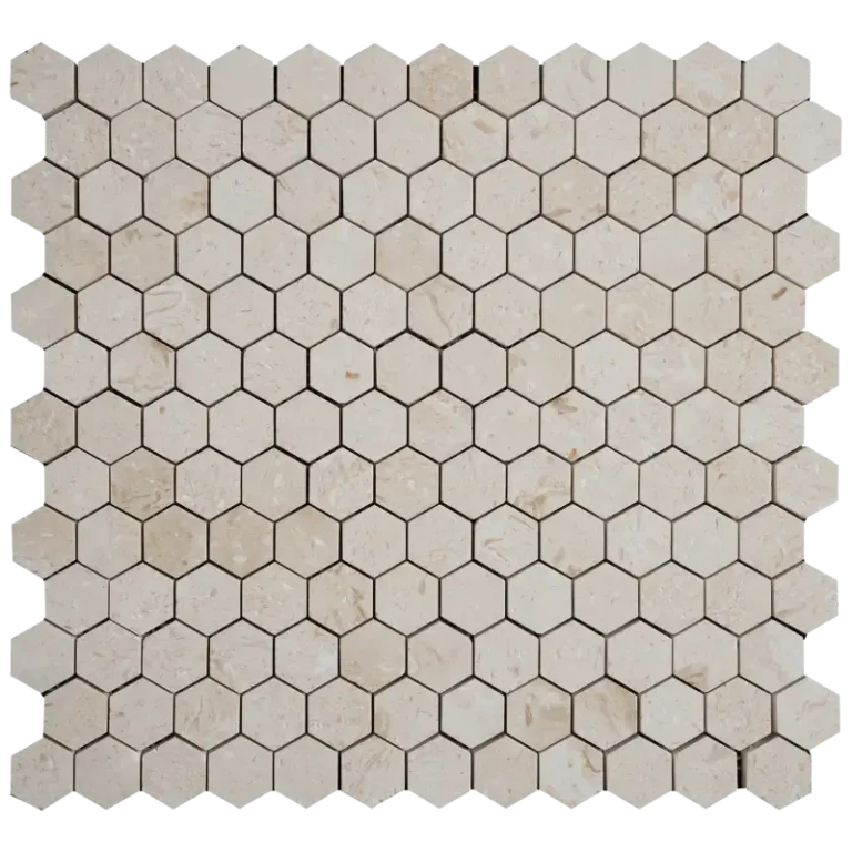 1 inch hexagon mosaic tile in Myra Beige honed limestone