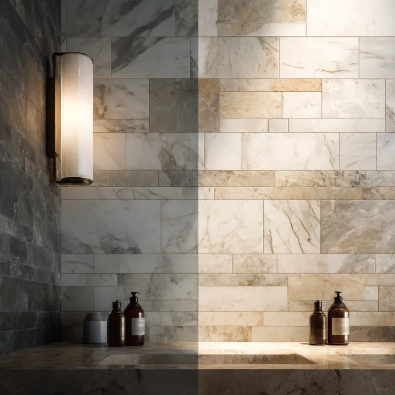 Natural stone wall showing color variation under different lighting conditions