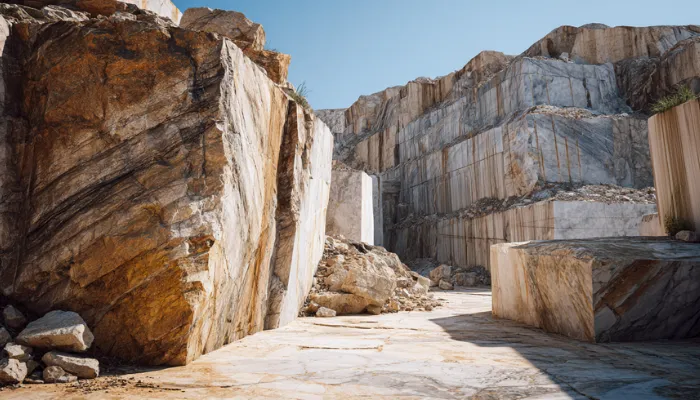 Natural stone quarry blocks showing geological color variation from different layers