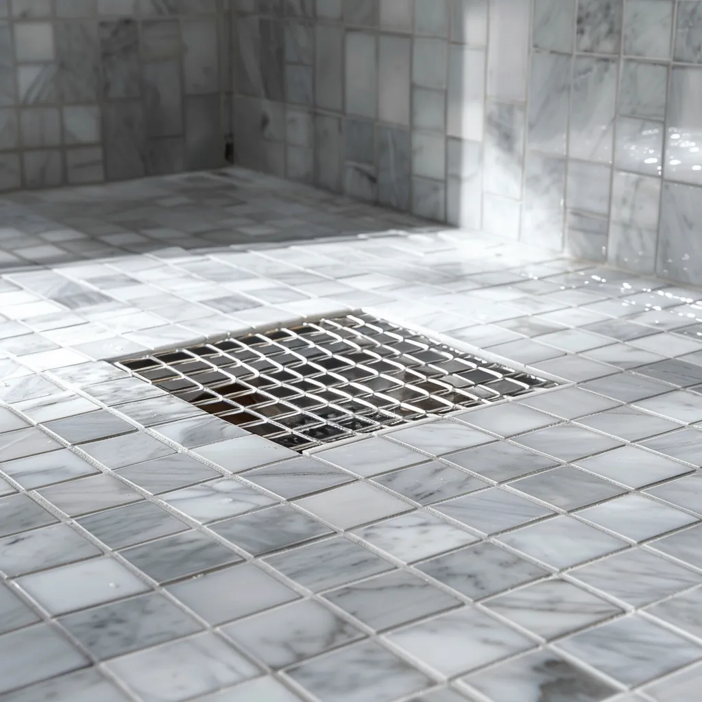 Small marble mosaic tiles installed on sloped shower floor for proper drainage