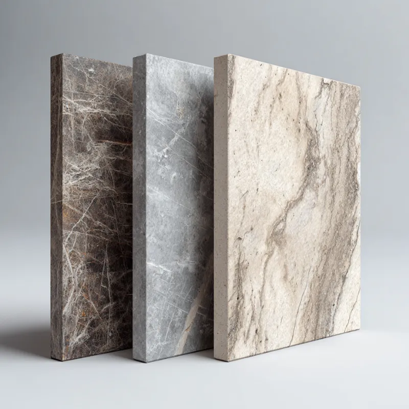 Comparison of natural stone tile thicknesses showing thin, medium, and thick stone tiles side by side