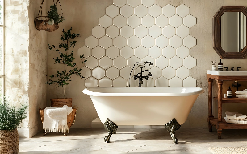 Beige hexagon mosaic tile feature wall behind freestanding bathtub in small bathroom design