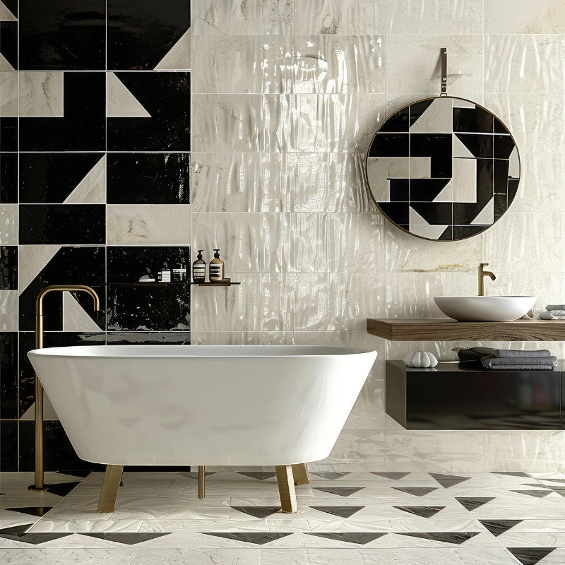 Black and white geometric mosaic tile in modern bathroom