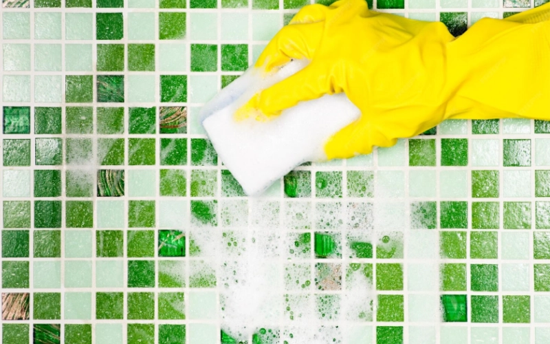 cleaning green mosaic tile with sponge during routine mosaic tile maintenance