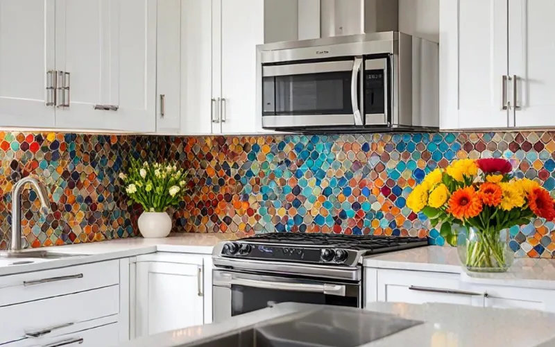 Colorful mosaic tile kitchen backsplash design with white cabinets and modern appliances