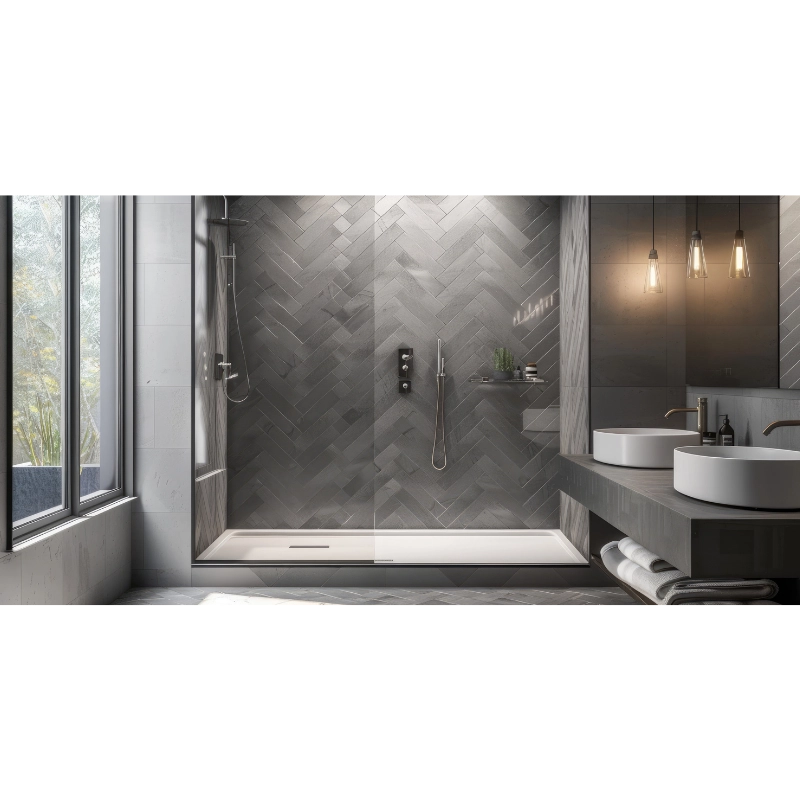 Dark herringbone marble mosaic shower in small bathroom design