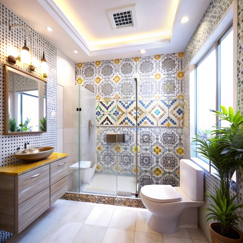 Decorative mosaic feature wall in small bathroom behind vanity