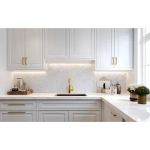 dolomite heringbone mosaic tile backsplash