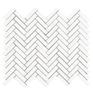 Dolomite white 1x4 inch herringbone marble mosaic tile sheet top view with clean linear pattern