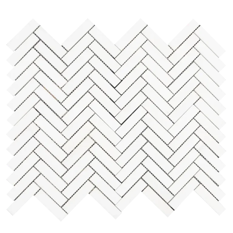 Dolomite white 1x4 inch herringbone marble mosaic tile sheet top view with clean linear pattern