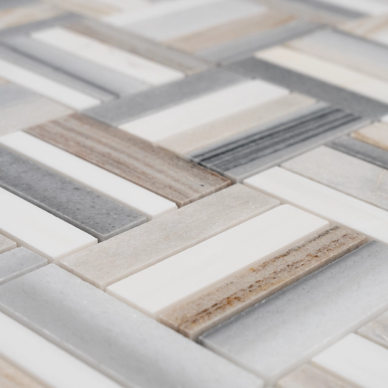 close up of dolomite linear blend marble mosaic tile white gray beige tones