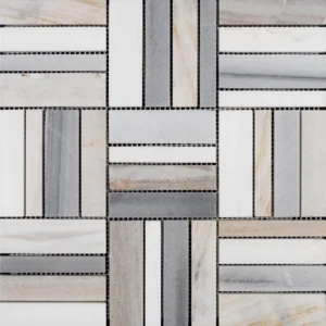 close up of dolomite linear blend marble mosaic tile white gray beige tones