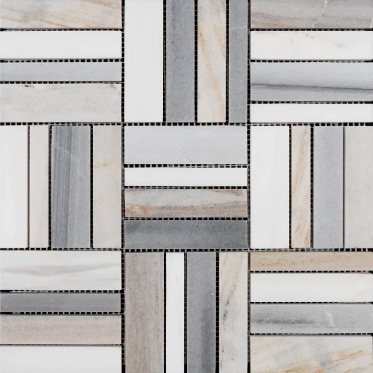 close up of dolomite linear blend marble mosaic tile white gray beige tones