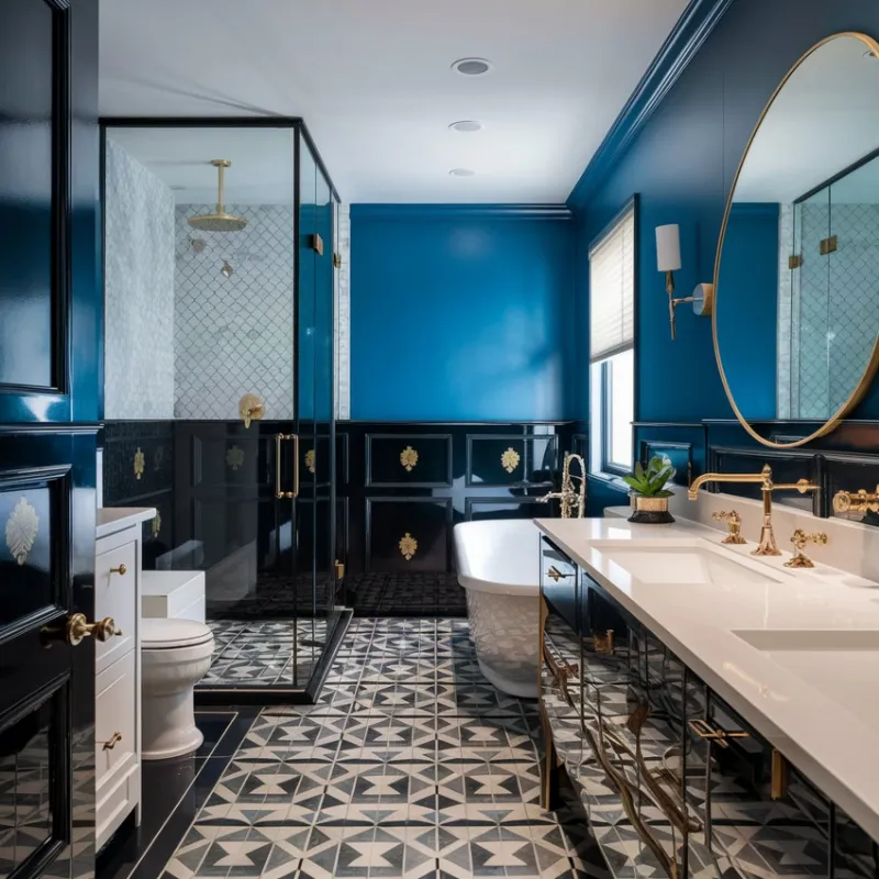 geometric mosaic tile bathroom floor design installed