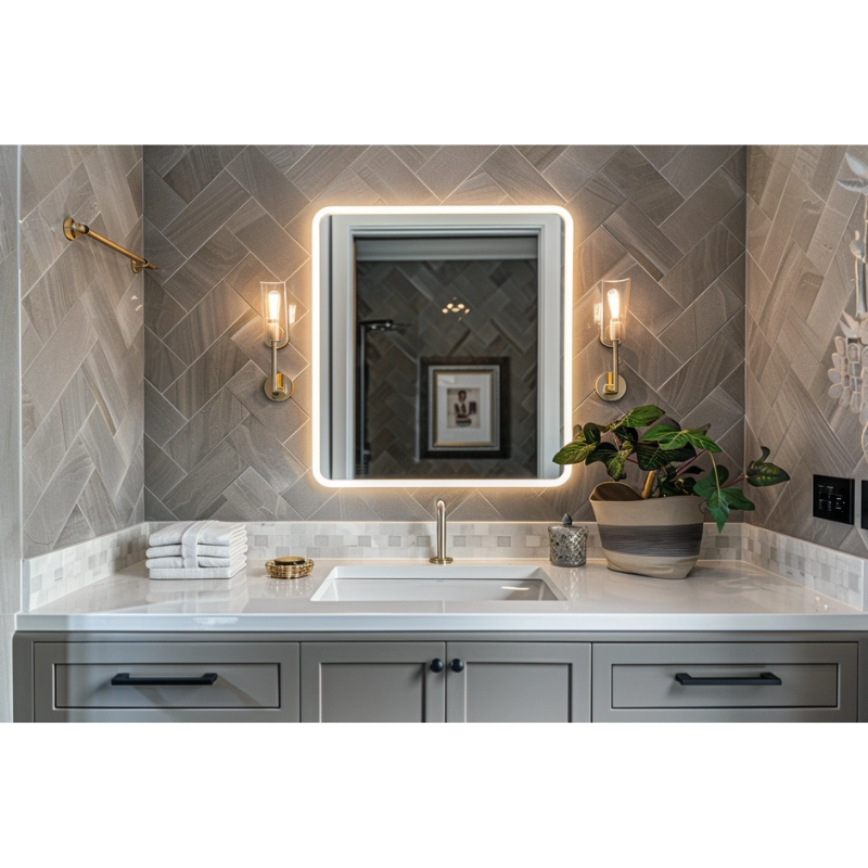 Light gray herringbone mosaic tile bathroom vanity wall