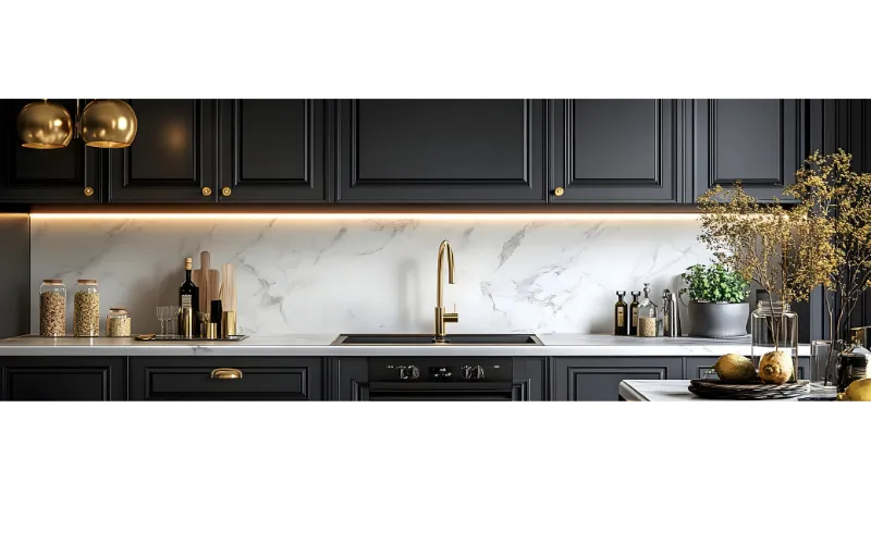 Luxury marble kitchen backsplash design with dark cabinets