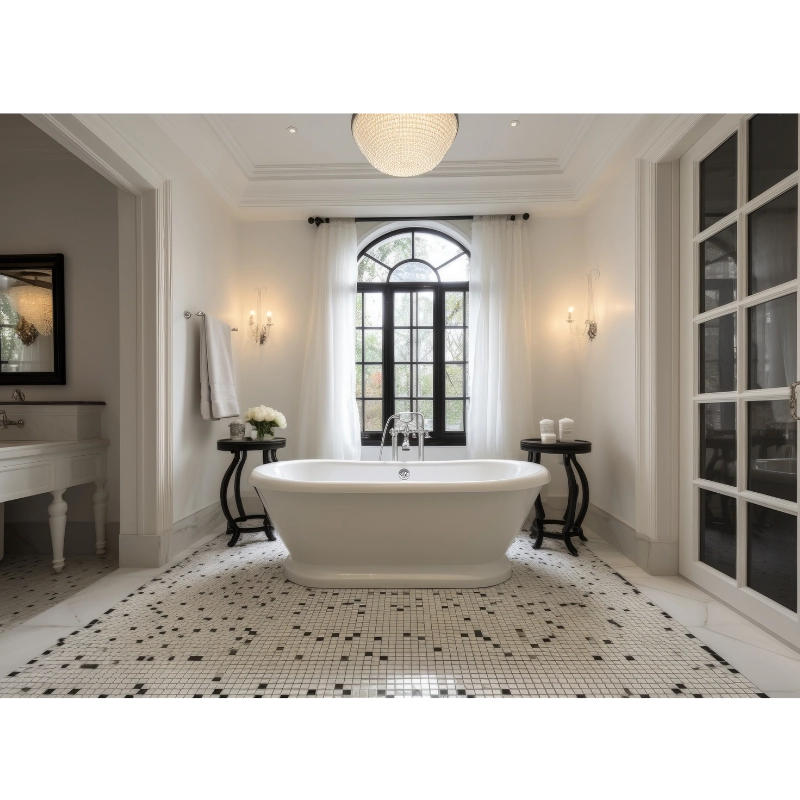 modern bathroom with gray hexagon tile floor, freestanding tub and large window natural light