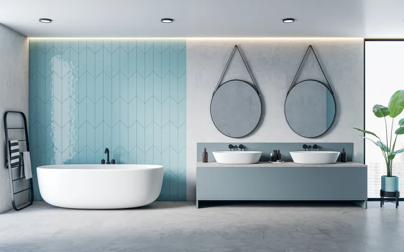 modern blue mosaic tile bathroom wall design example
