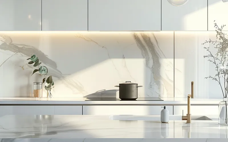 Modern kitchen featuring a marble backsplash and coordinating natural stone countertop