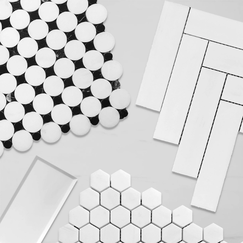 Mosaic tile patterns including hexagon penny round and herringbone layouts for different design styles