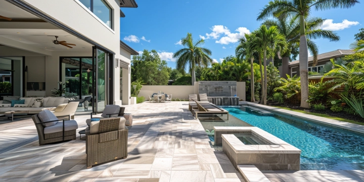 Luxury travertine paver pool patio in Sarasota Florida with modern outdoor living design