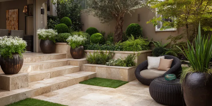 Travertine paver patio with steps and landscaped outdoor living space in St. Petersburg Florida