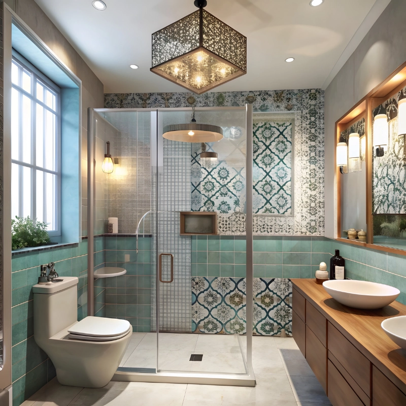 Turquoise patterned mosaic tile design in compact bathroom