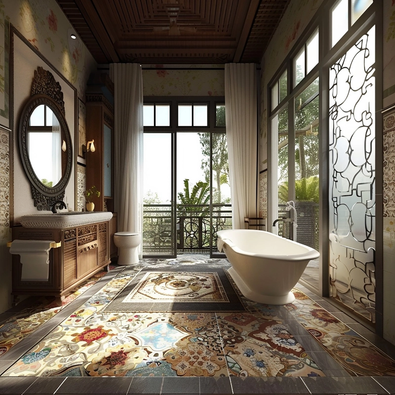 Vintage mosaic tile floor in luxury small bathroom design